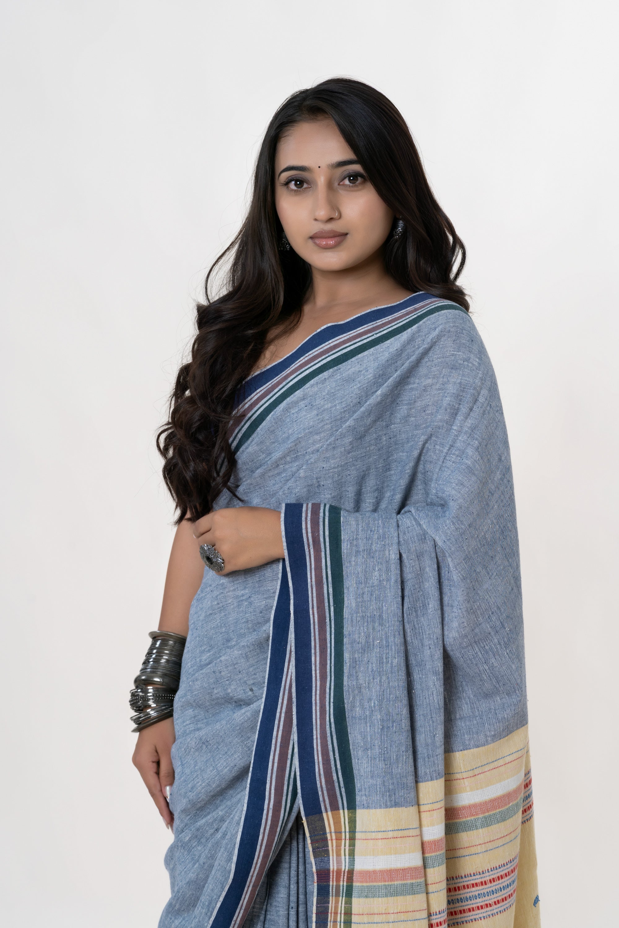 Slate Blue heathered Bhujodi Handwoven Kala Cotton Saree with Cream and multi-colored Motifs
