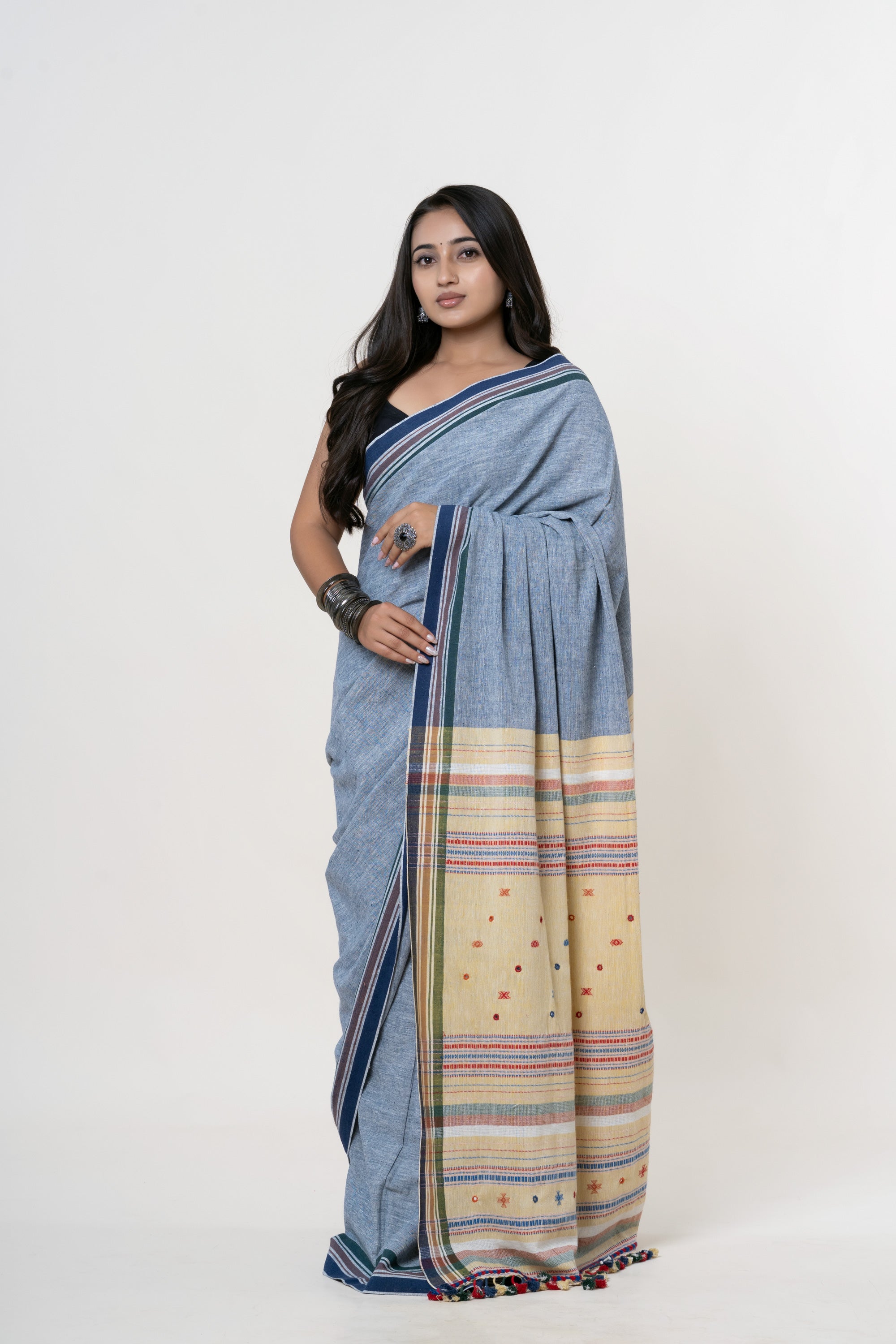 Slate Blue heathered Bhujodi Handwoven Kala Cotton Saree with Cream and multi-colored Motifs