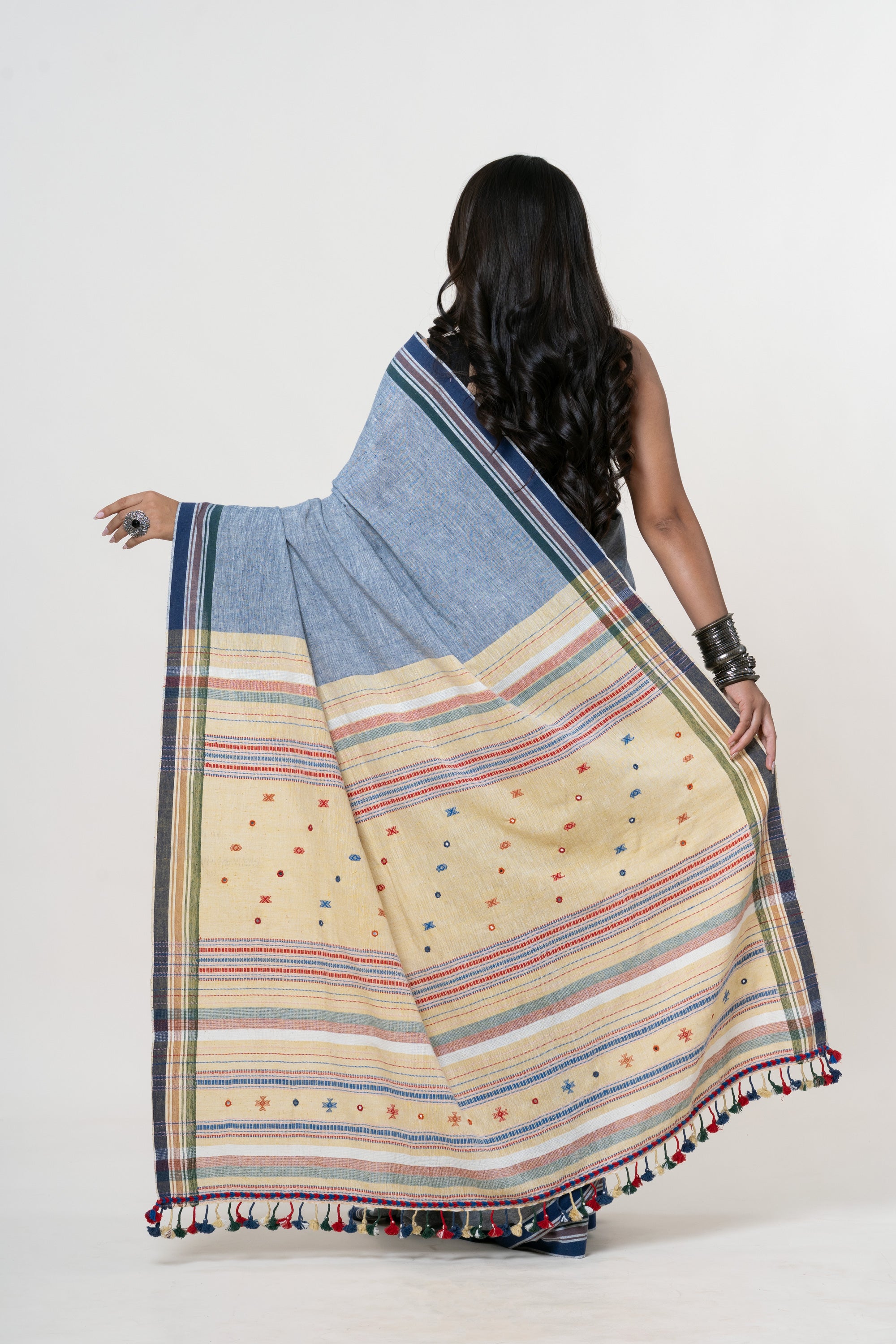 Slate Blue heathered Bhujodi Handwoven Kala Cotton Saree with Cream and multi-colored Motifs