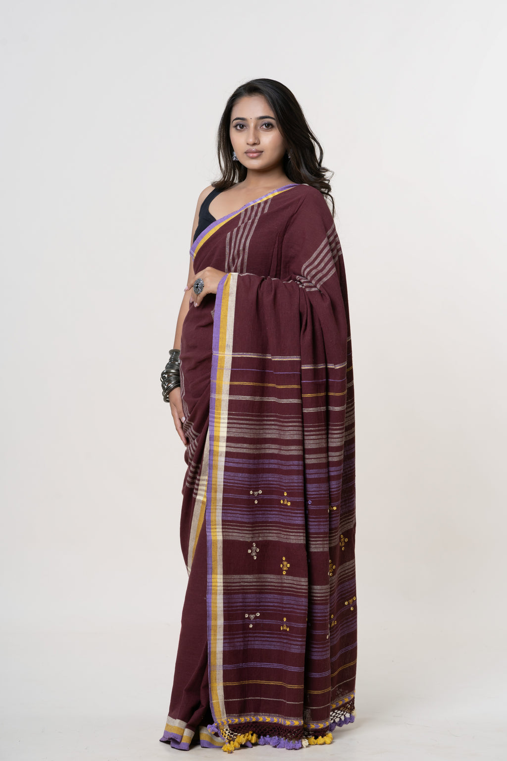 Maroon/Wine Red Bhujodi Handwoven Kala Cotton Saree with Lavender and Golden-Yellow Motifs