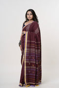 Maroon/Wine Red Bhujodi Handwoven Kala Cotton Saree with Lavender and Golden-Yellow Motifs
