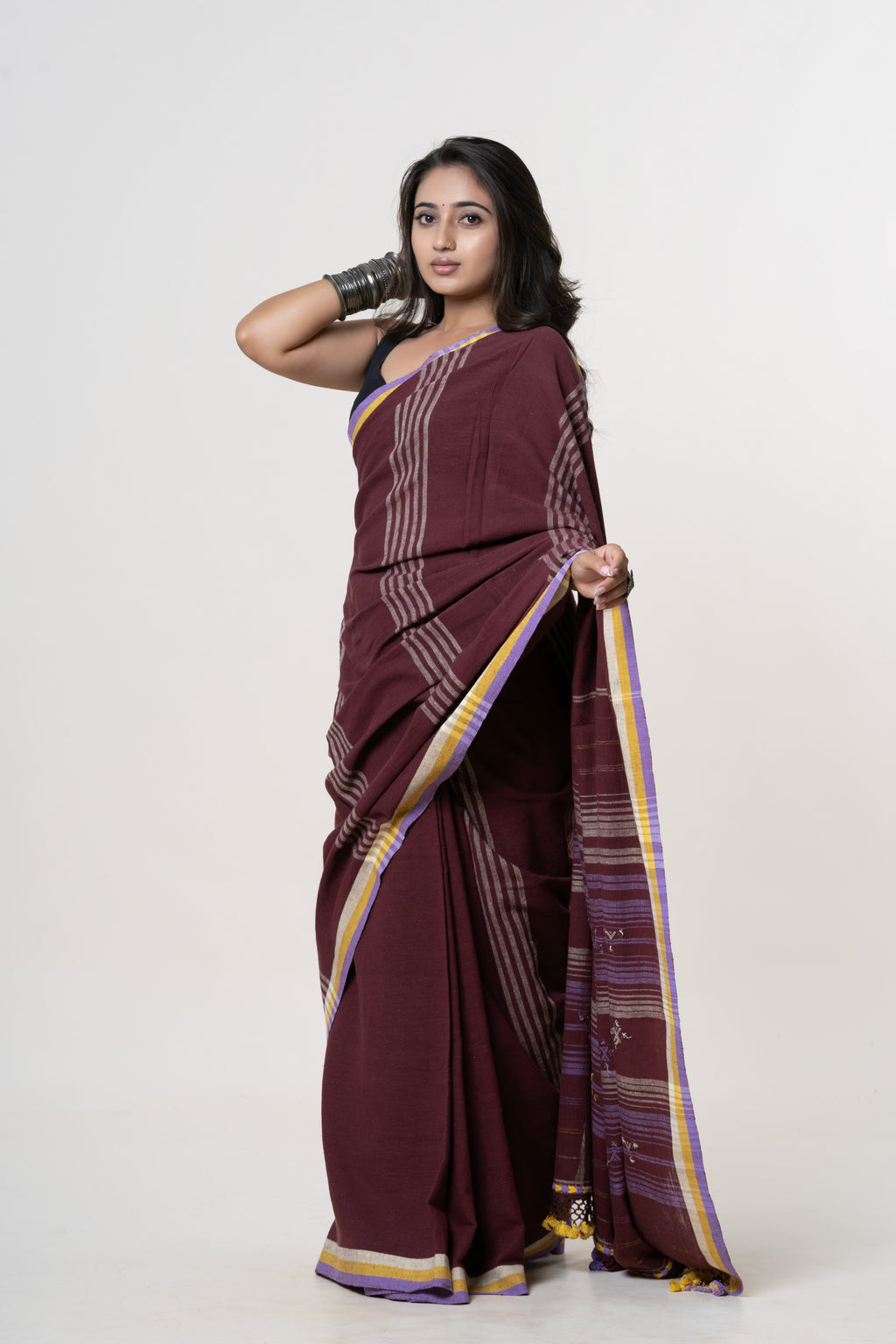Maroon/Wine Red Bhujodi Handwoven Kala Cotton Saree with Lavender and Golden-Yellow Motifs