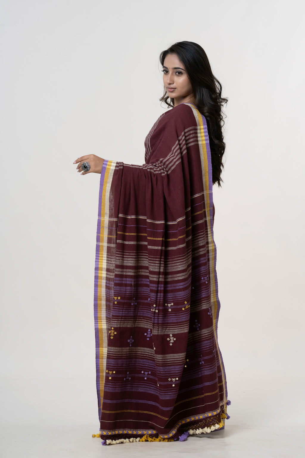 Maroon/Wine Red Bhujodi Handwoven Kala Cotton Saree with Lavender and Golden-Yellow Motifs
