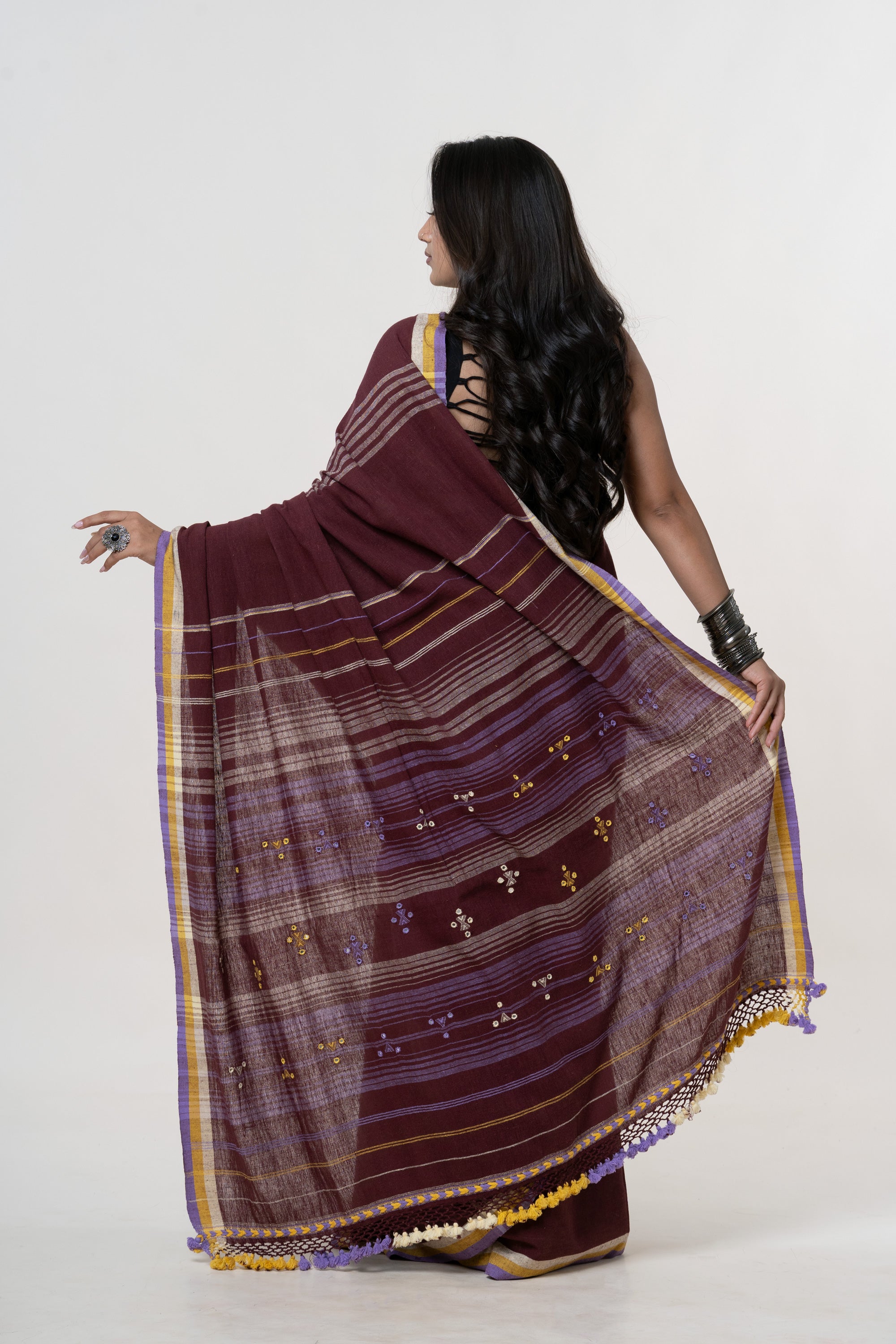 Maroon/Wine Red Bhujodi Handwoven Kala Cotton Saree with Lavender and Golden-Yellow Motifs
