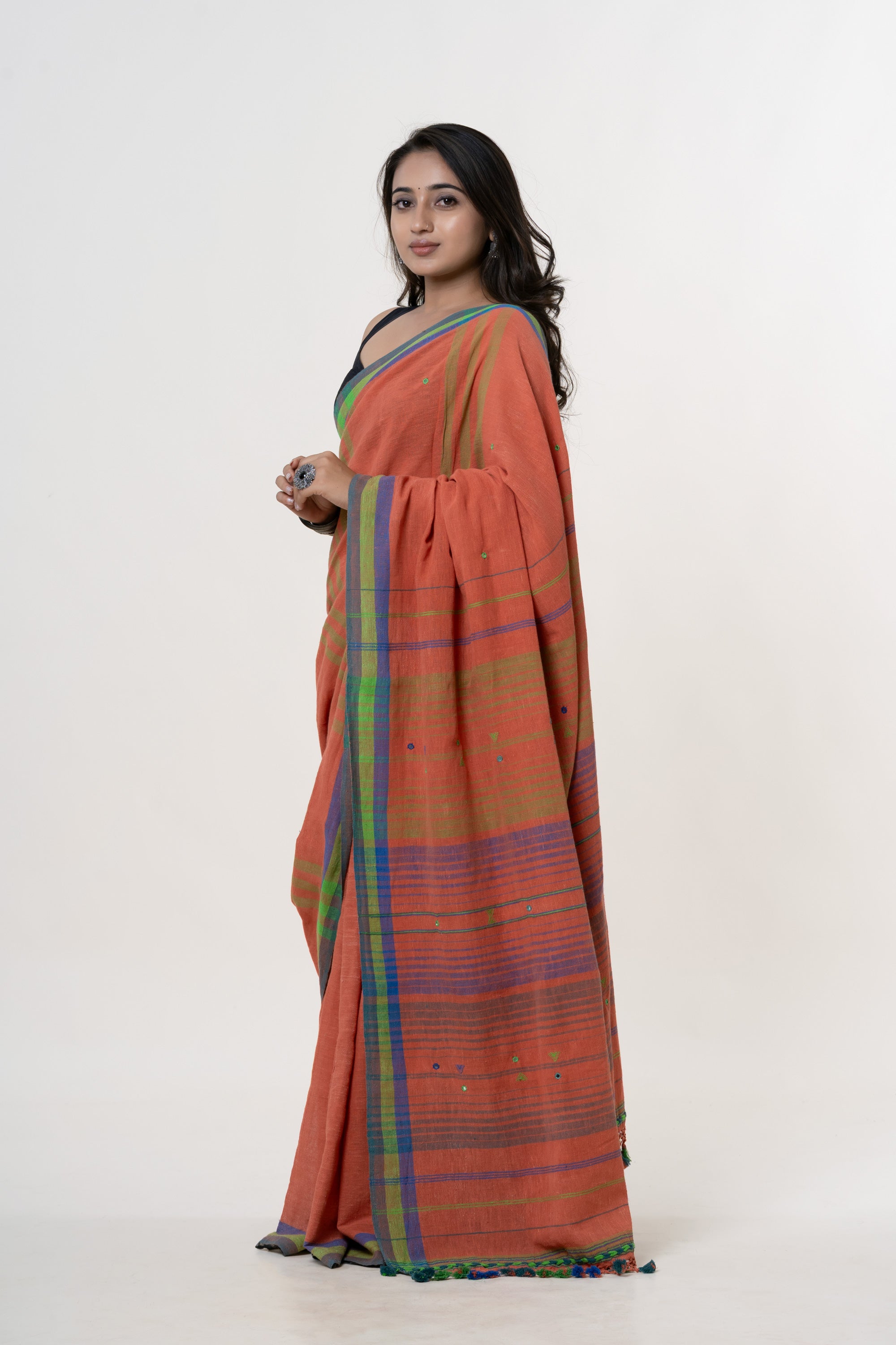 Deep Terracotta Orange Bhujodi Handwoven Kala Cotton Saree with Cobalt Blue and Lime Green Motifs