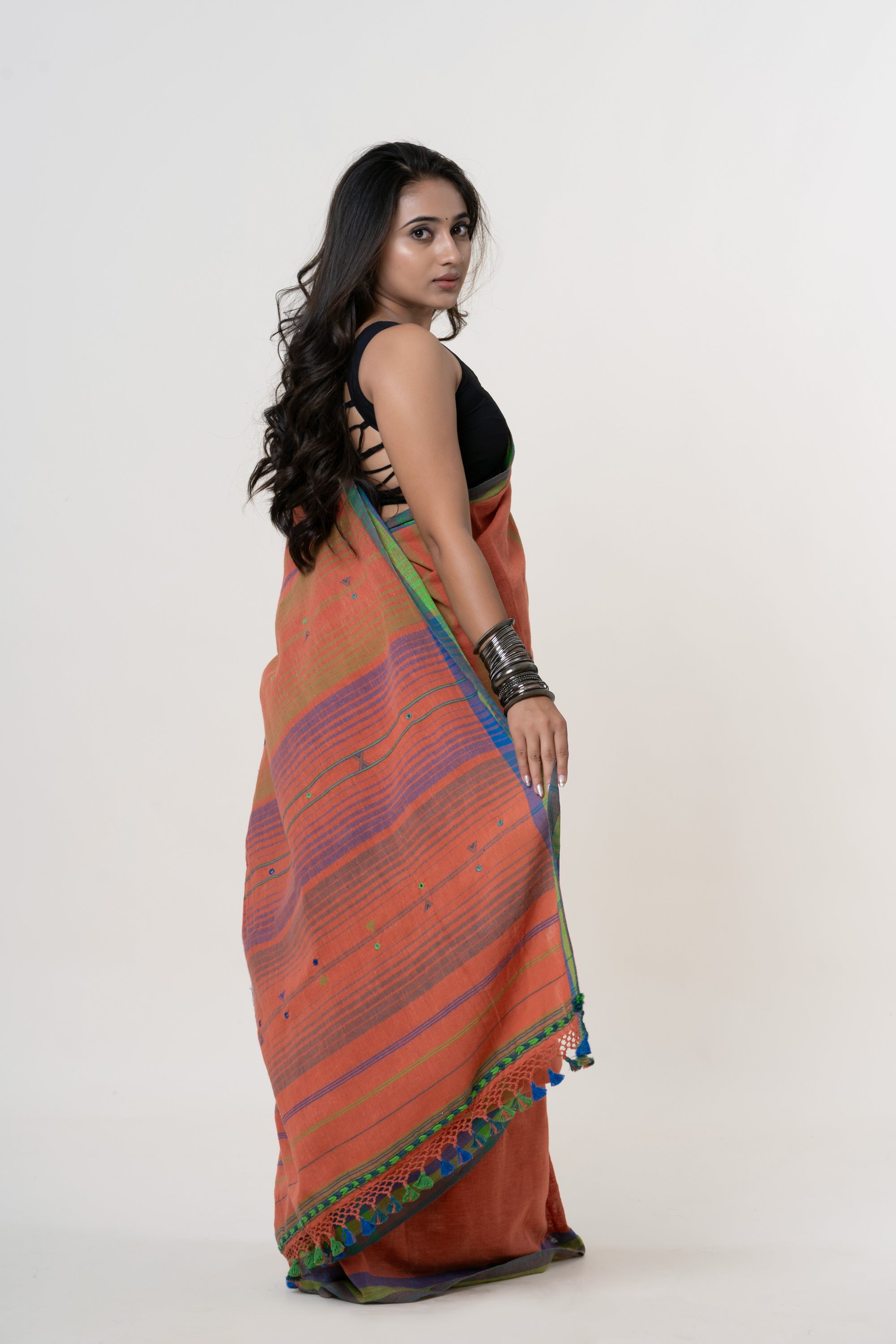 Deep Terracotta Orange Bhujodi Handwoven Kala Cotton Saree with Cobalt Blue and Lime Green Motifs