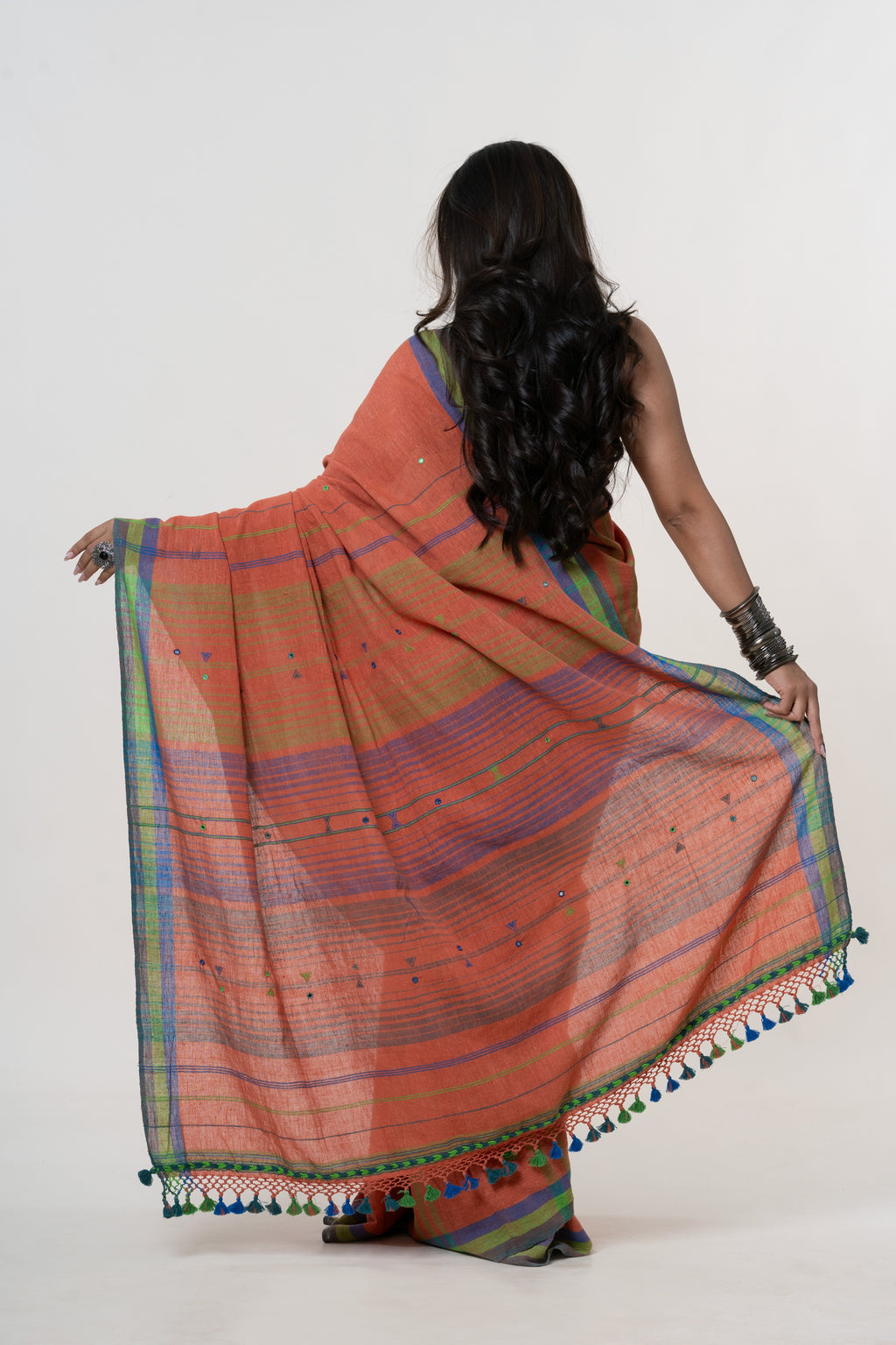 Deep Terracotta Orange Bhujodi Handwoven Kala Cotton Saree with Cobalt Blue and Lime Green Motifs
