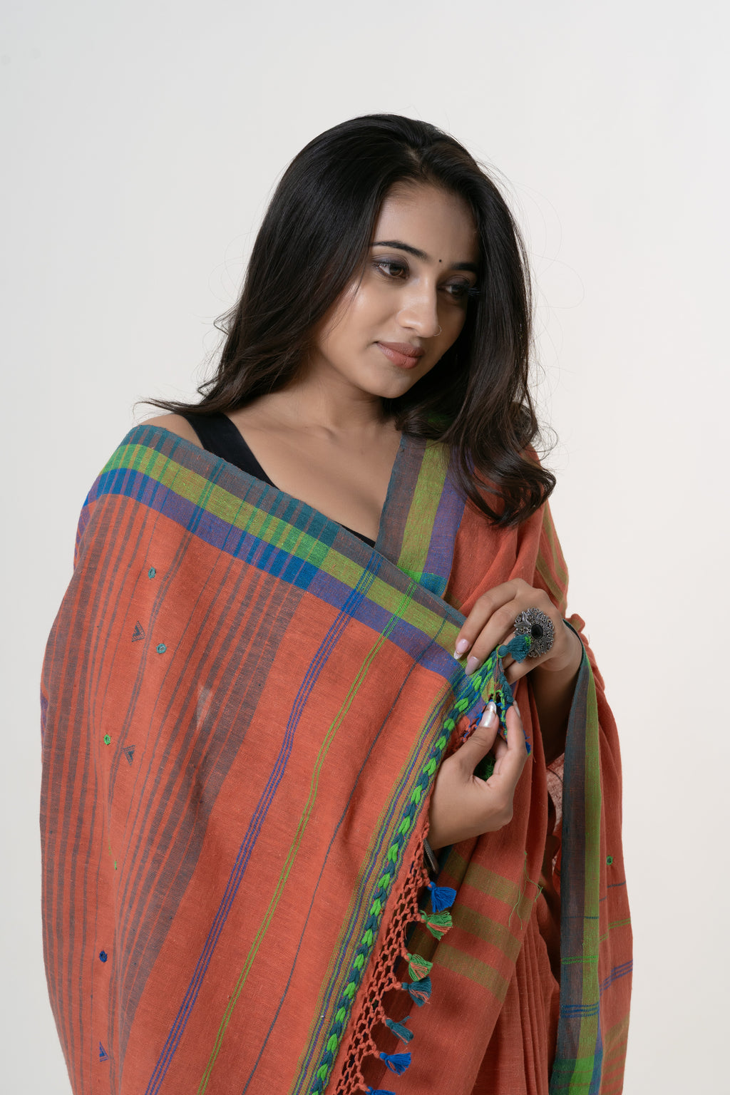 Deep Terracotta Orange Bhujodi Handwoven Kala Cotton Saree with Cobalt Blue and Lime Green Motifs