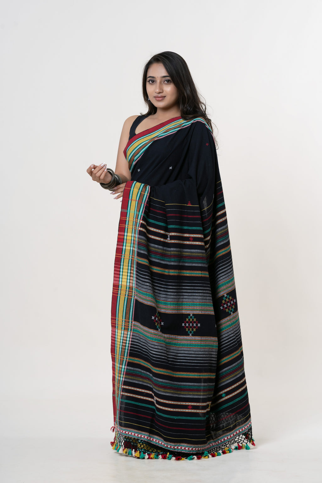 Jet Black Bhujodi Handwoven Kala Cotton Saree with Multi-colored Motifs