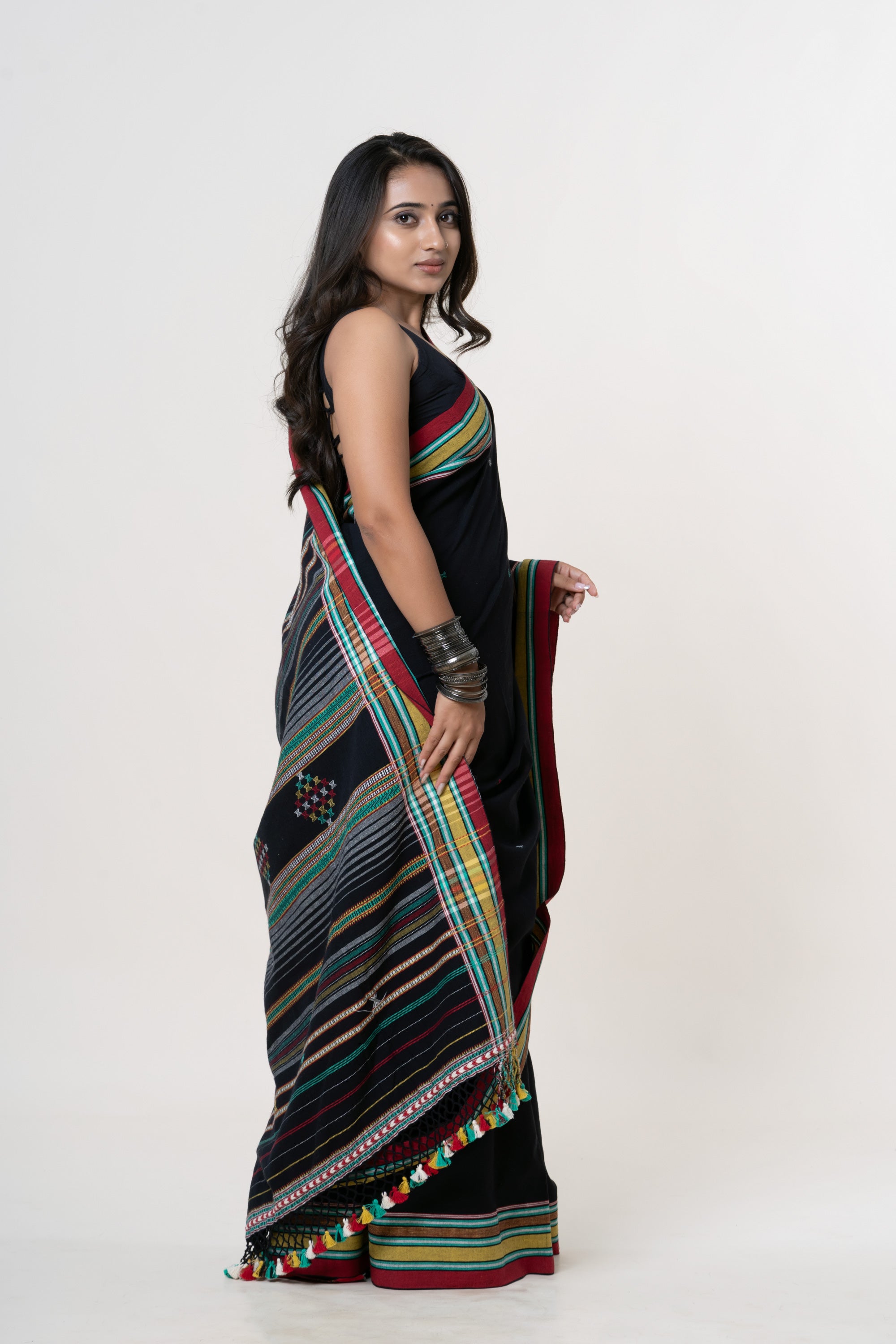 Jet Black Bhujodi Handwoven Kala Cotton Saree with Multi-colored Motifs