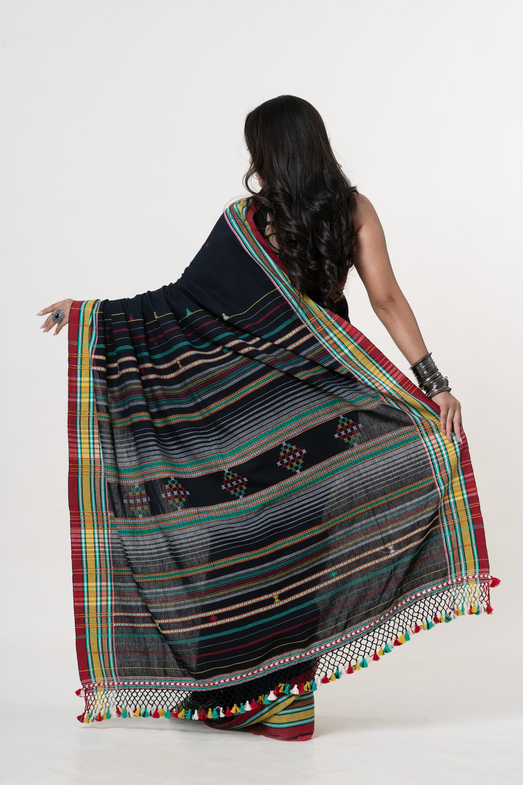 Jet Black Bhujodi Handwoven Kala Cotton Saree with Multi-colored Motifs