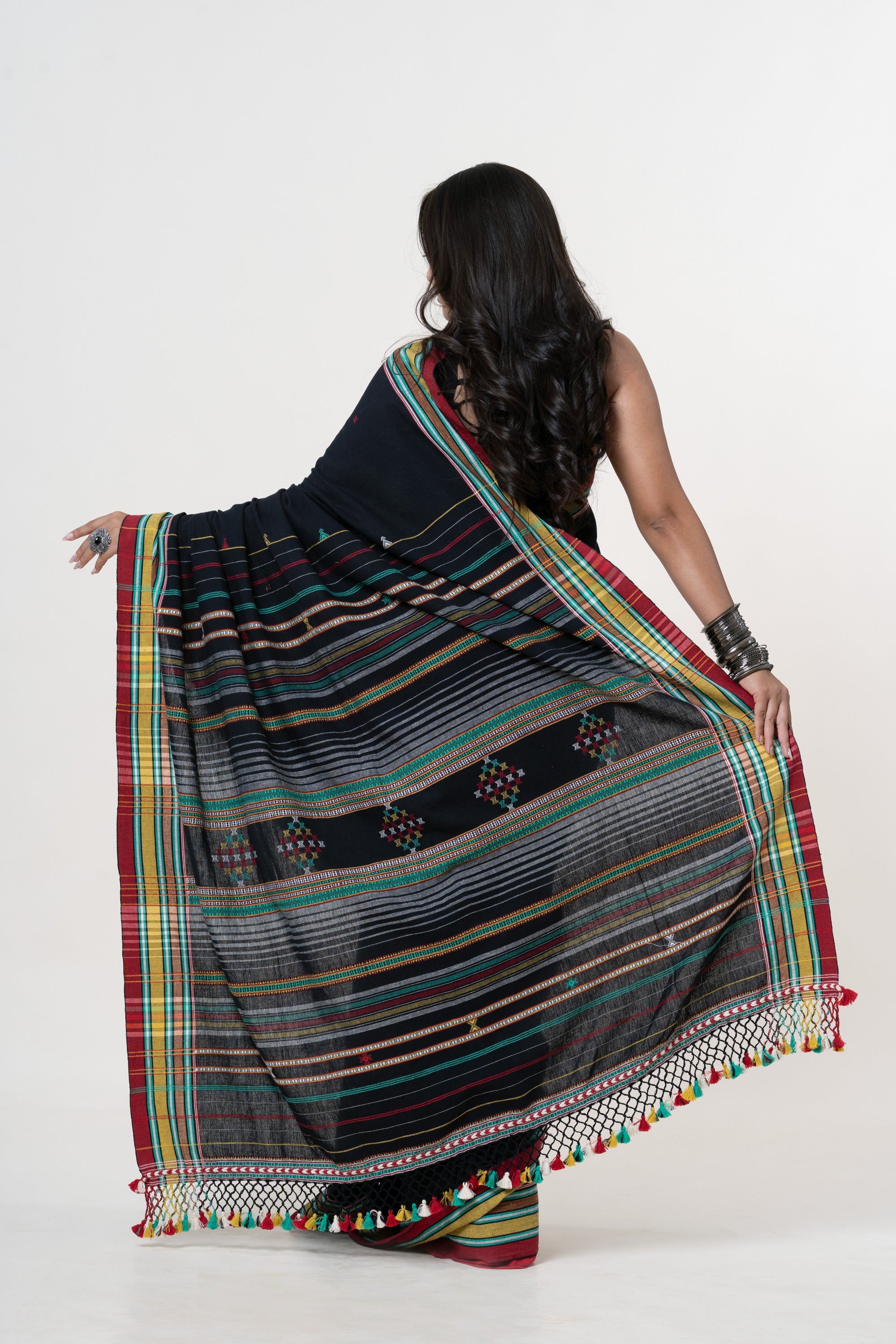 Jet Black Bhujodi Handwoven Kala Cotton Saree with Multi-colored Motifs