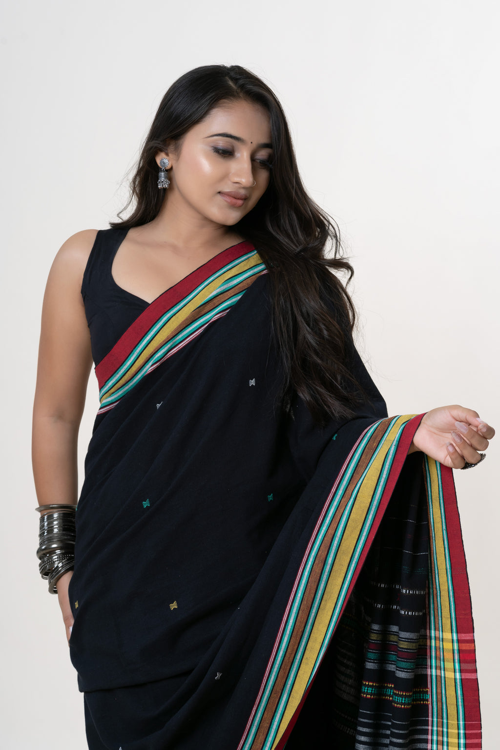 Jet Black Bhujodi Handwoven Kala Cotton Saree with Multi-colored Motifs
