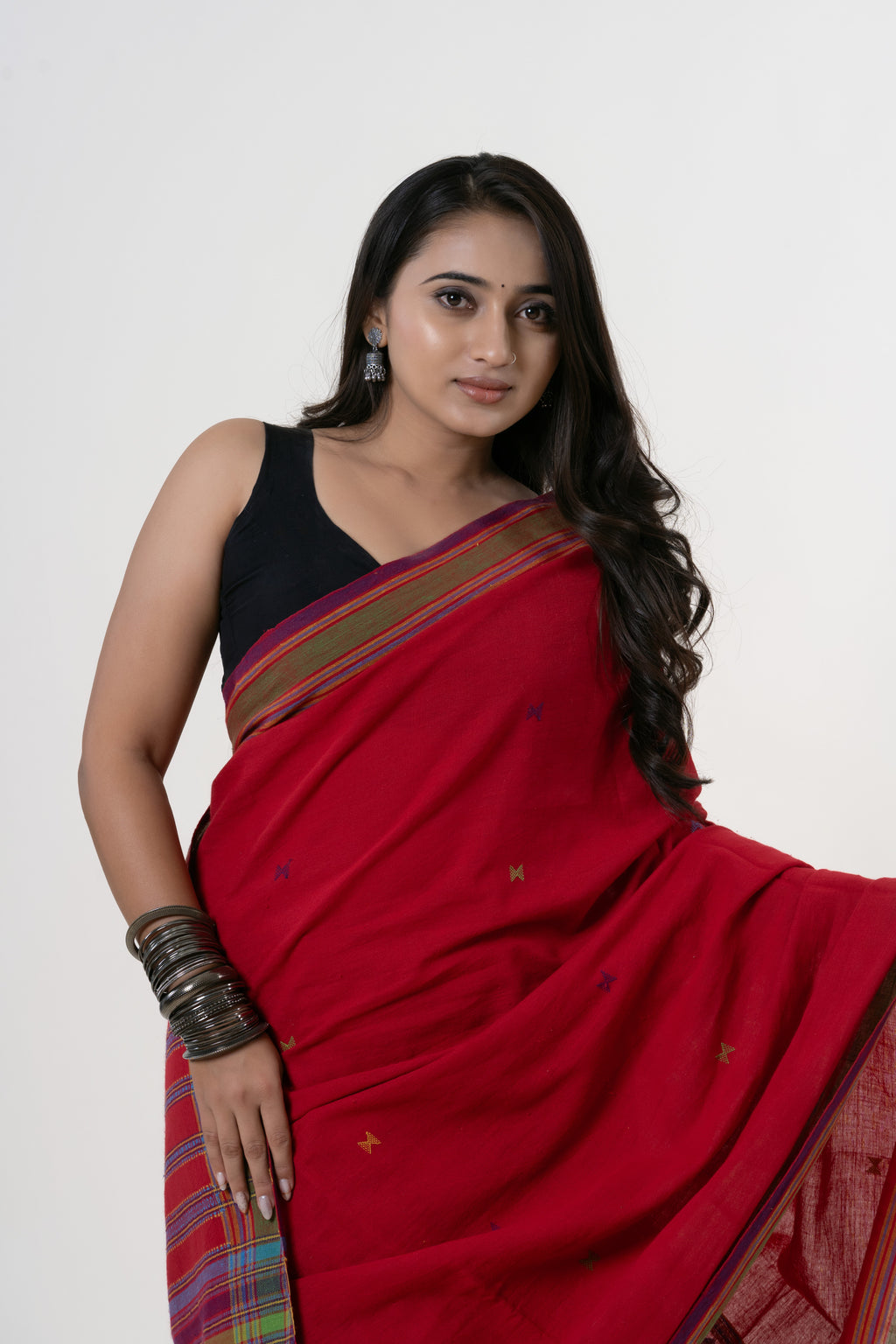 Madder Red Bhujodi Handwoven Kala Cotton Saree with Multi-colored Motifs
