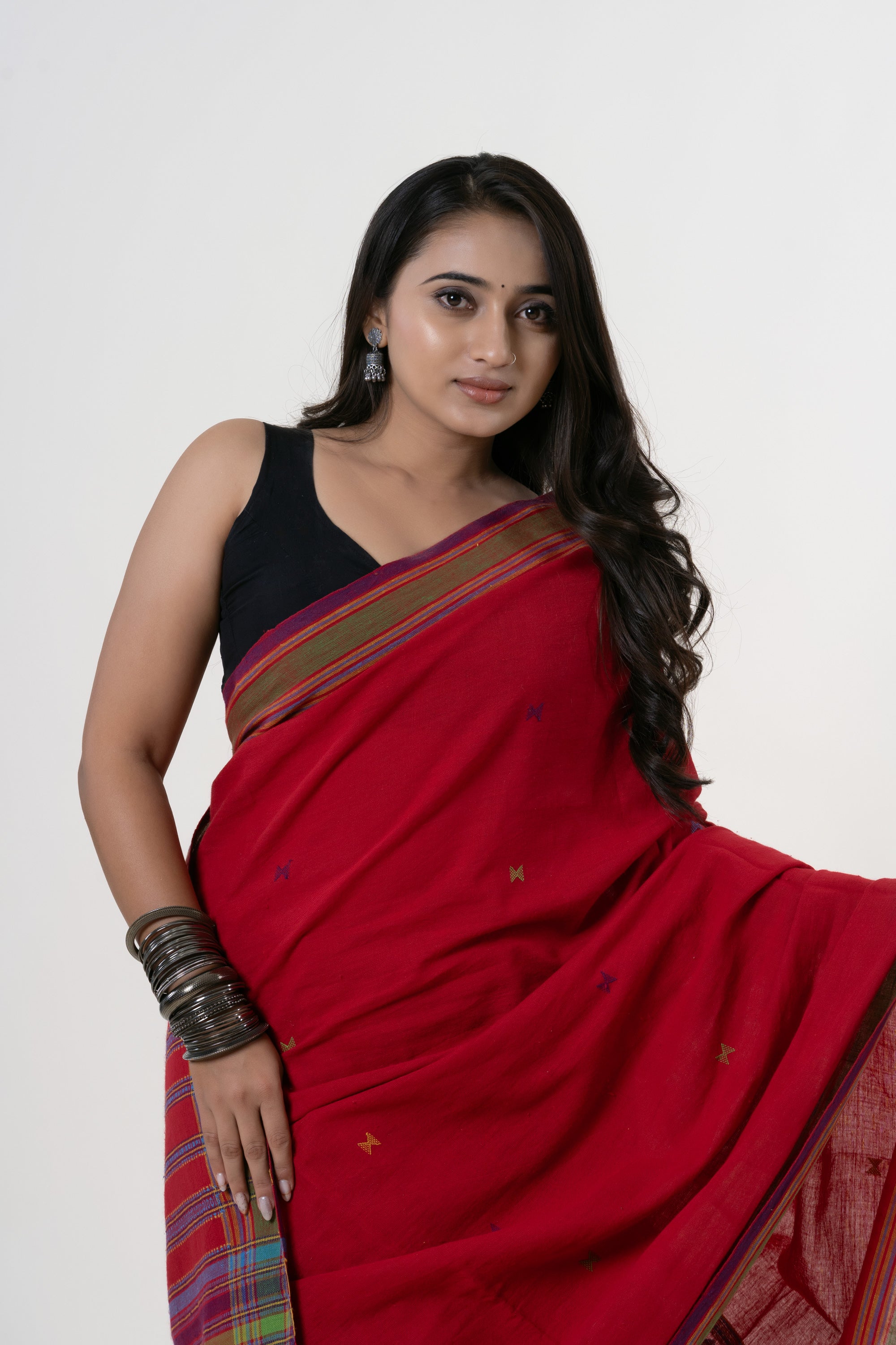 Madder Red Bhujodi Handwoven Kala Cotton Saree with Multi-colored Motifs