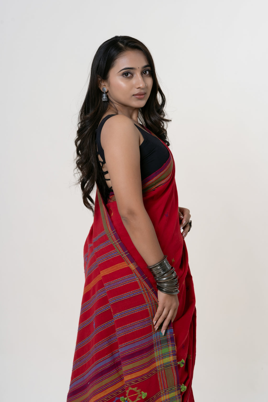 Madder Red Bhujodi Handwoven Kala Cotton Saree with Multi-colored Motifs