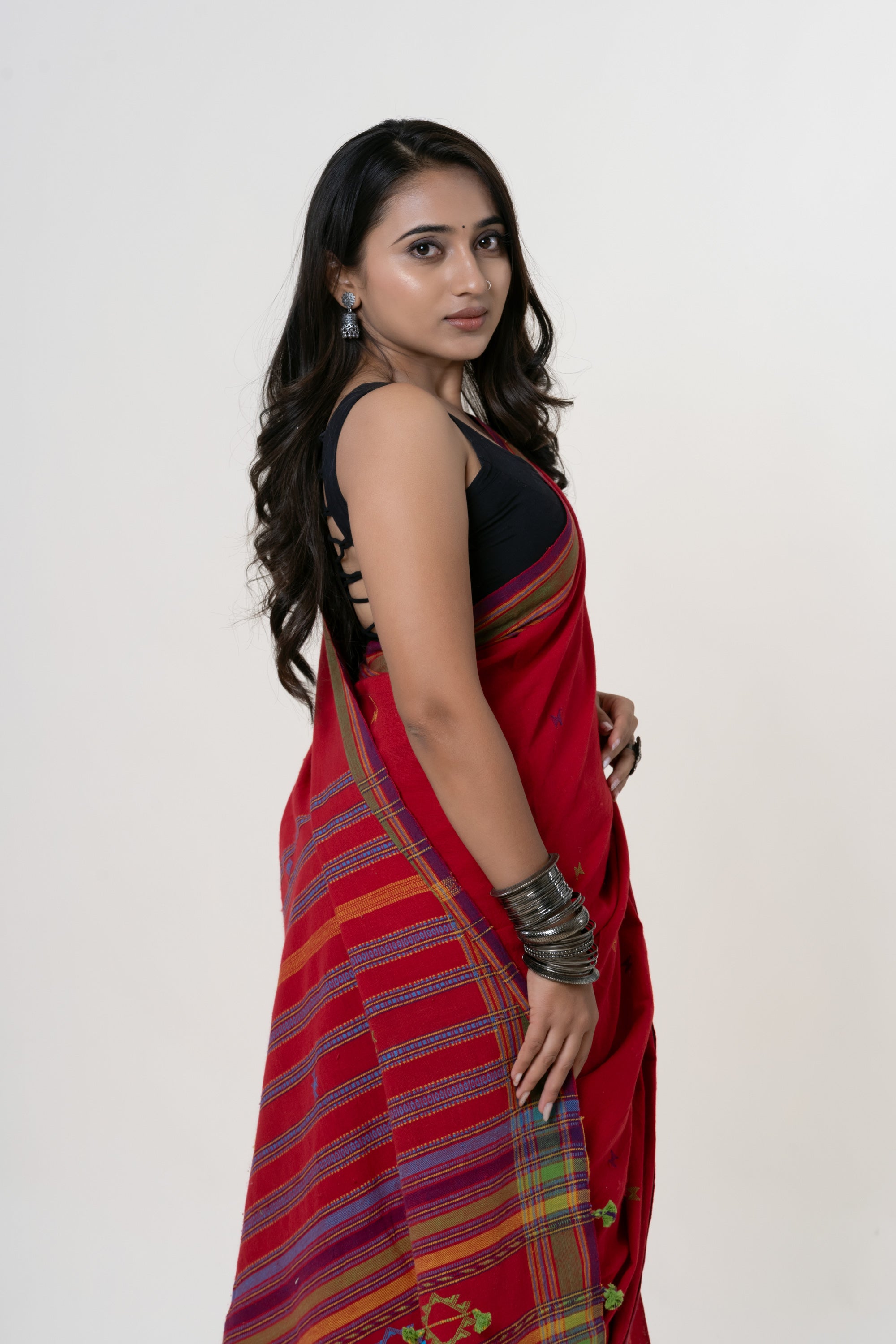 Madder Red Bhujodi Handwoven Kala Cotton Saree with Multi-colored Motifs