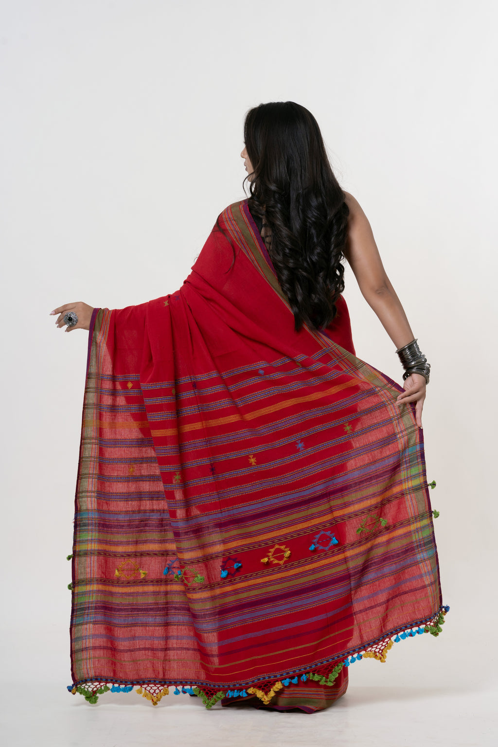 Madder Red Bhujodi Handwoven Kala Cotton Saree with Multi-colored Motifs