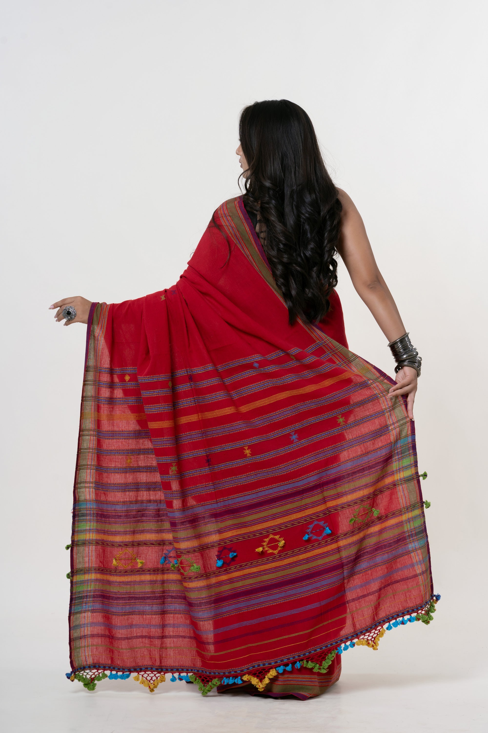 Madder Red Bhujodi Handwoven Kala Cotton Saree with Multi-colored Motifs