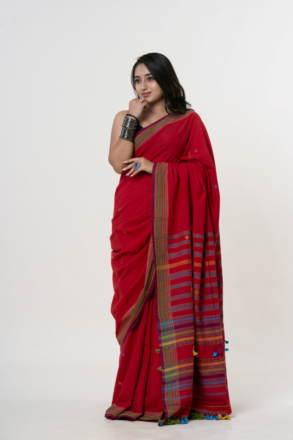 Madder Red Bhujodi Handwoven Kala Cotton Saree with Multi-colored Motifs