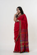 Madder Red Bhujodi Handwoven Kala Cotton Saree with Multi-colored Motifs