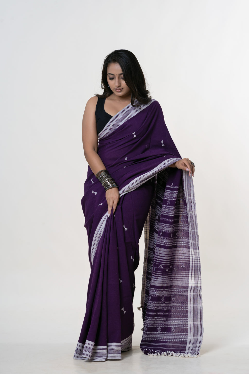 Deep Imperial Purple Bhujodi Handwoven Kala Cotton Saree with Pure White Motifs