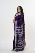 Deep Imperial Purple Bhujodi Handwoven Kala Cotton Saree with Pure White Motifs