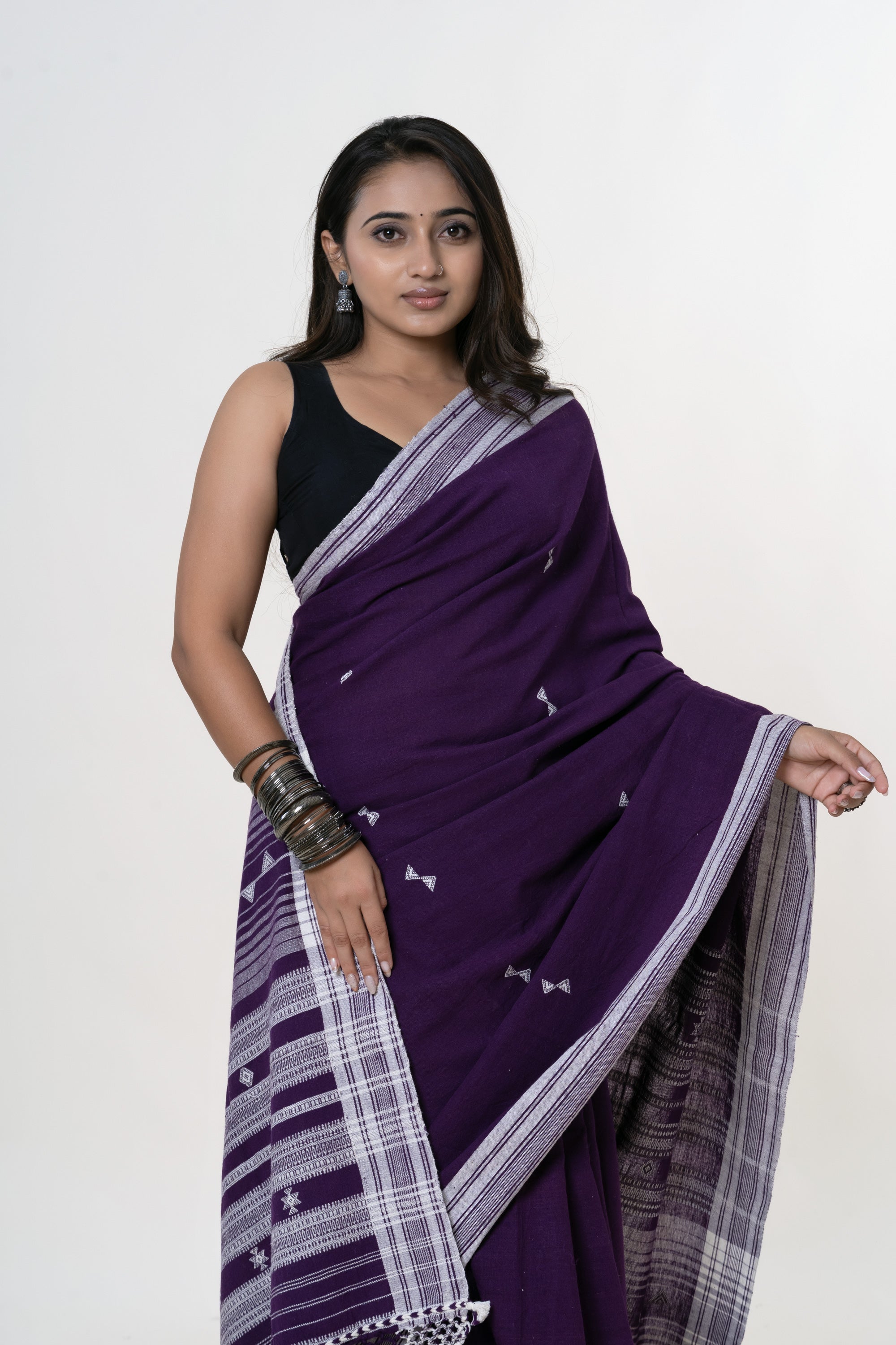 Deep Imperial Purple Bhujodi Handwoven Kala Cotton Saree with Pure White Motifs