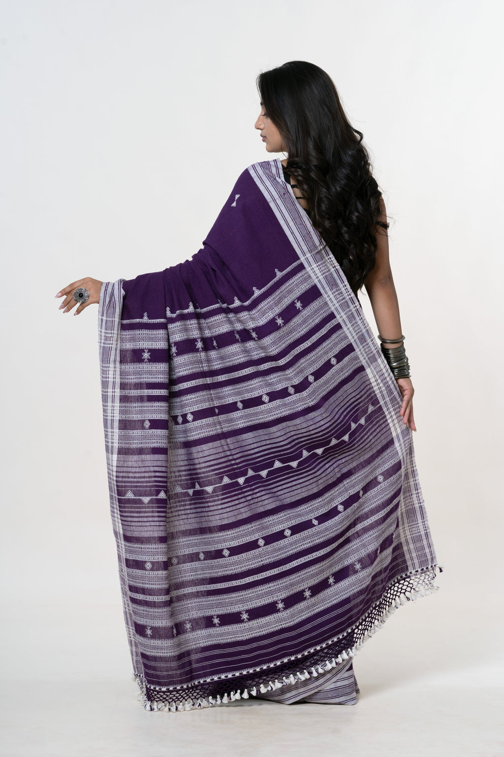 Deep Imperial Purple Bhujodi Handwoven Kala Cotton Saree with Pure White Motifs