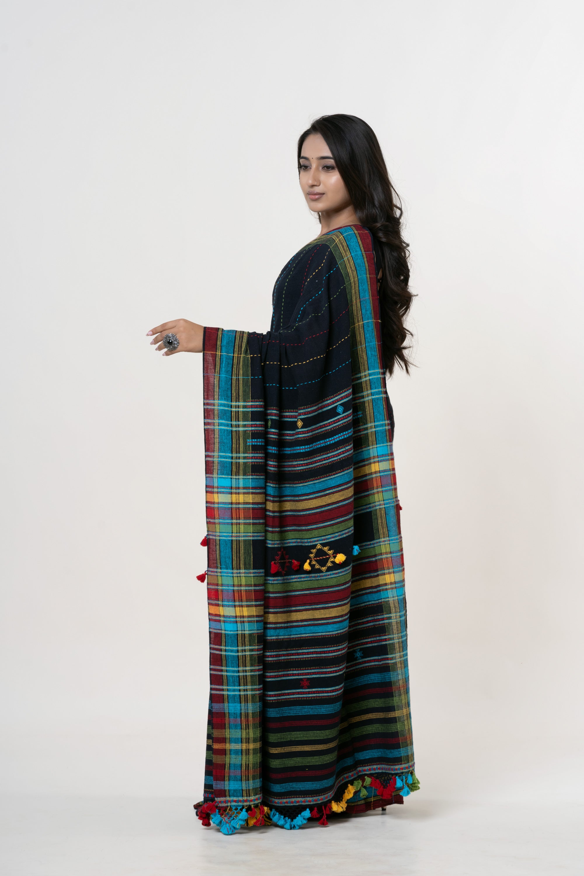 Midnight Black Bhujodi Handwoven Kala Cotton Saree with Multi-colored Motifs