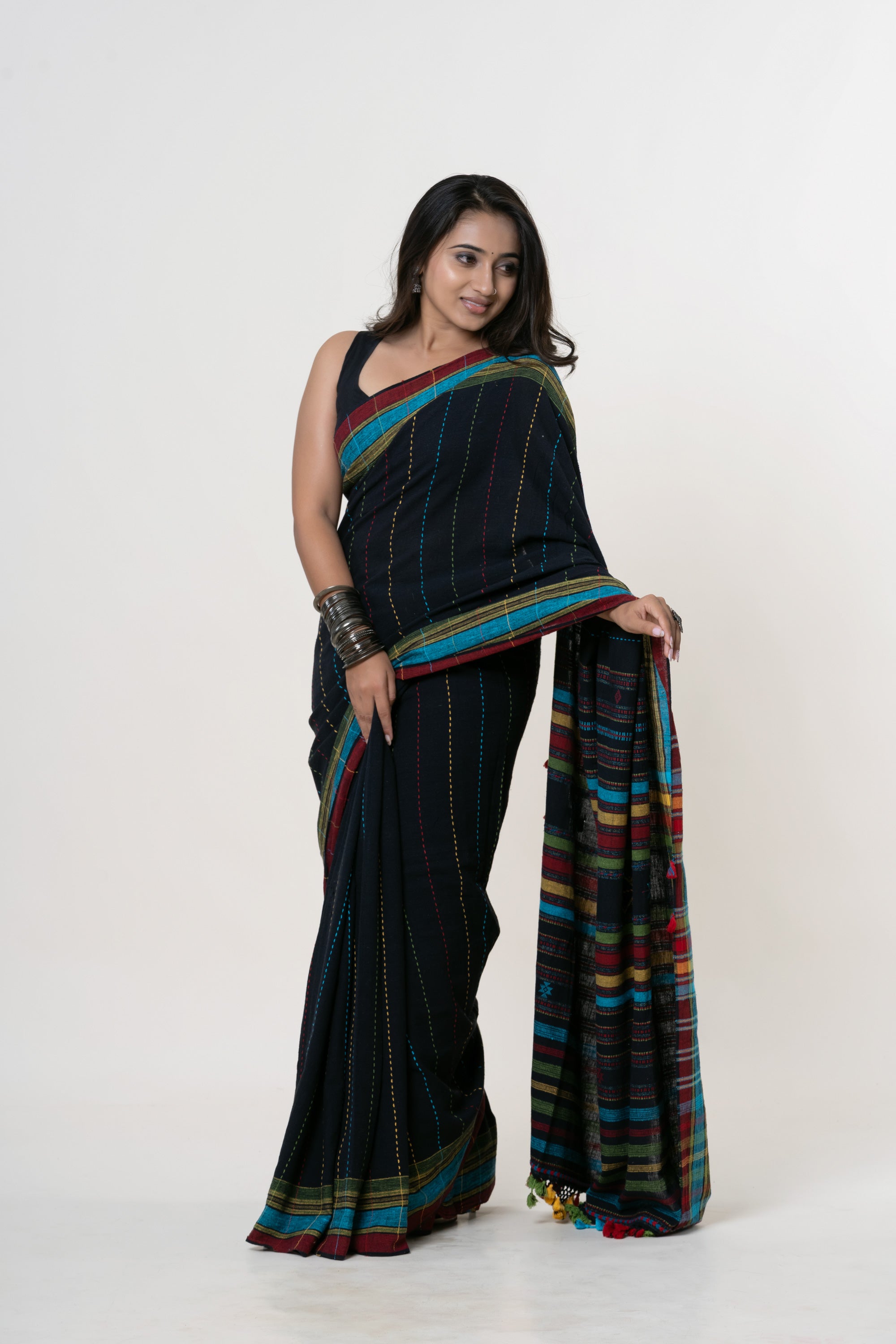 Midnight Black Bhujodi Handwoven Kala Cotton Saree with Multi-colored Motifs