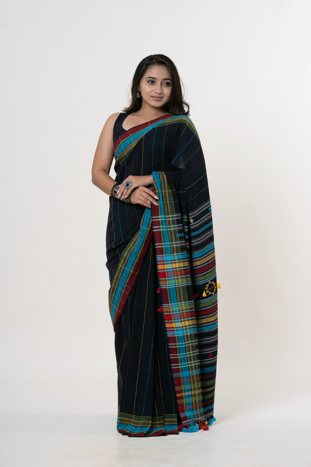 Midnight Black Bhujodi Handwoven Kala Cotton Saree with Multi-colored Motifs