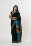 Midnight Black Bhujodi Handwoven Kala Cotton Saree with Multi-colored Motifs