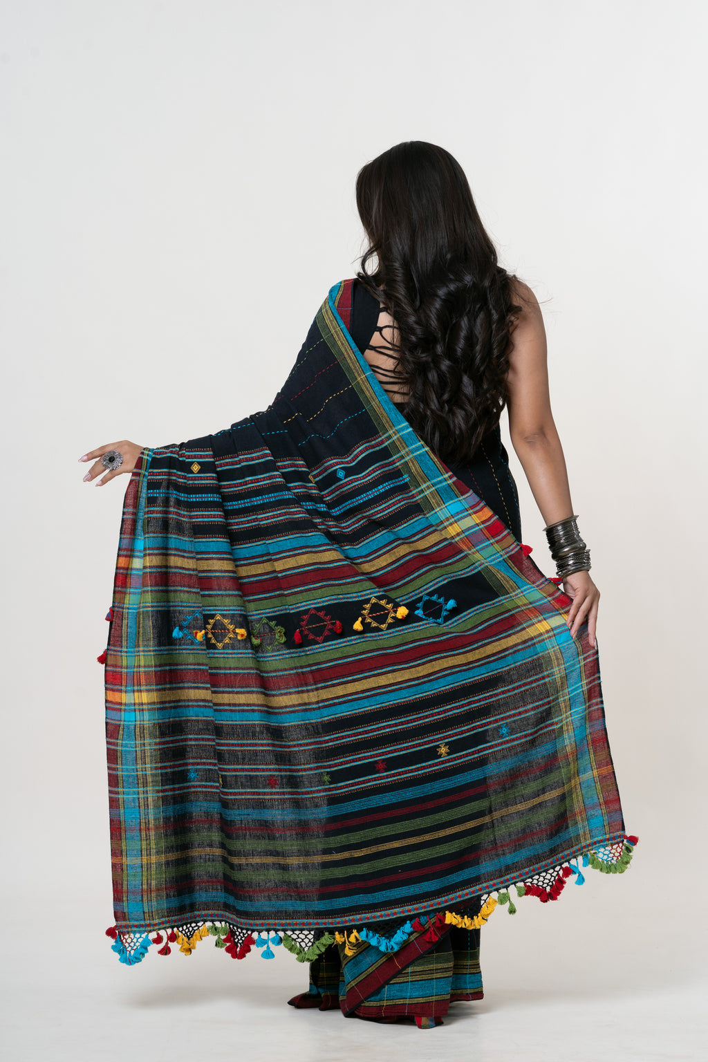 Midnight Black Bhujodi Handwoven Kala Cotton Saree with Multi-colored Motifs