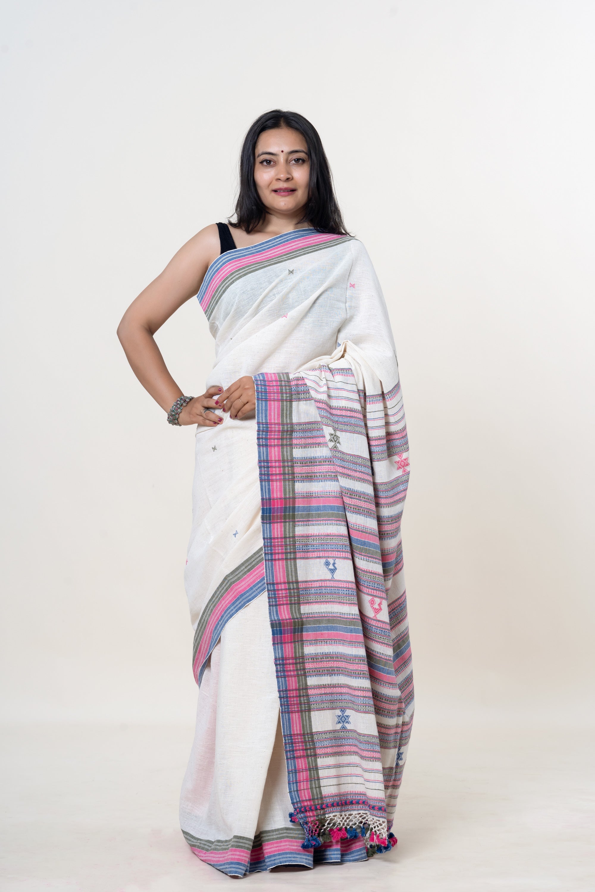 Cream-White Bhujodi Handwoven Kala Cotton Saree with Multi-colored Motifs