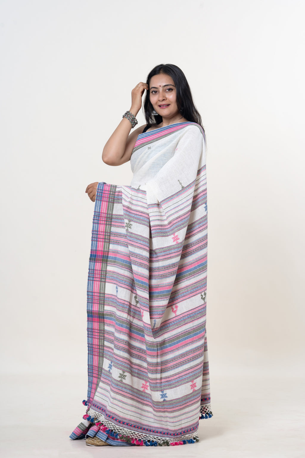 Cream-White Bhujodi Handwoven Kala Cotton Saree with Multi-colored Motifs
