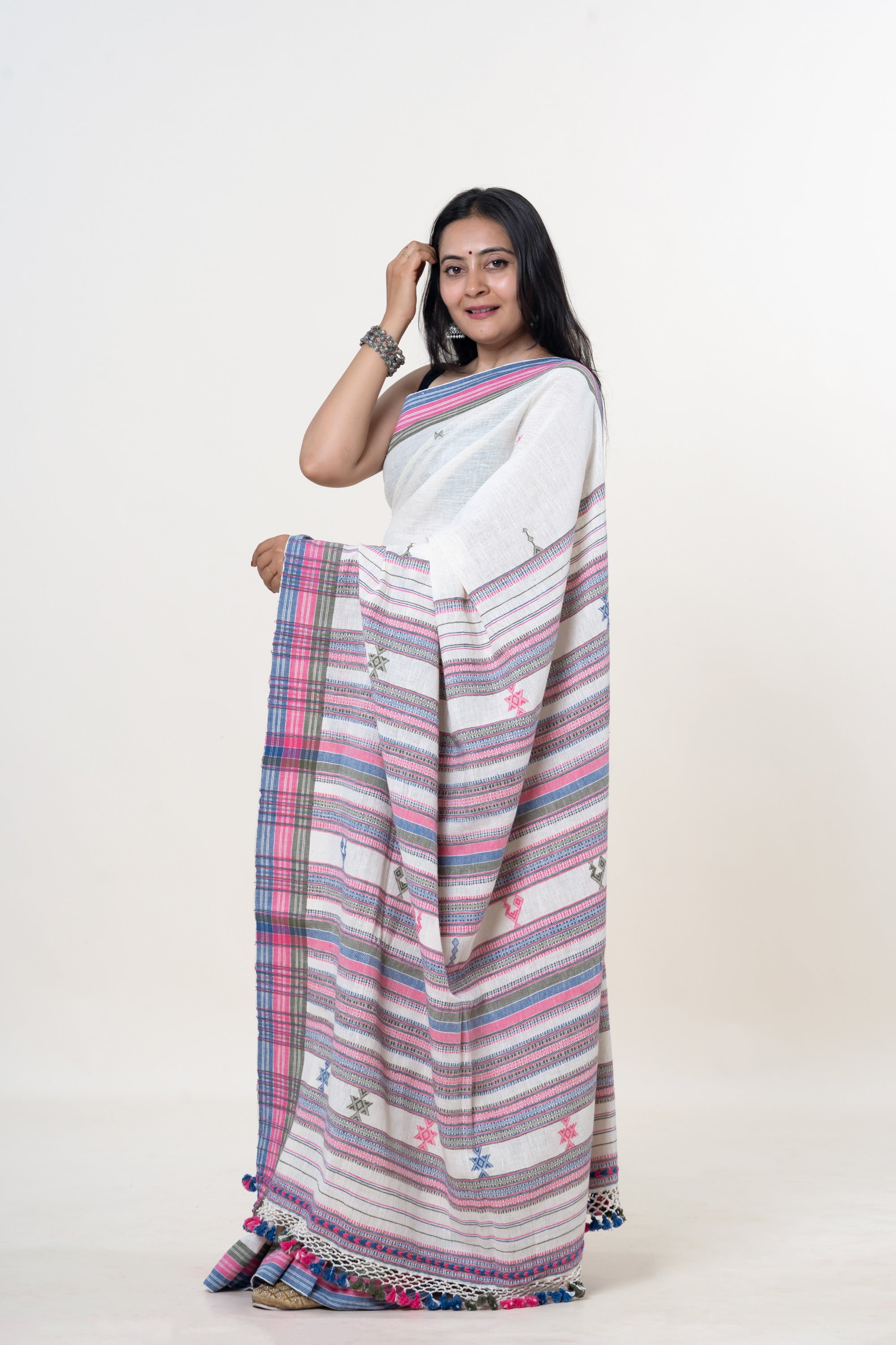 Cream-White Bhujodi Handwoven Kala Cotton Saree with Multi-colored Motifs
