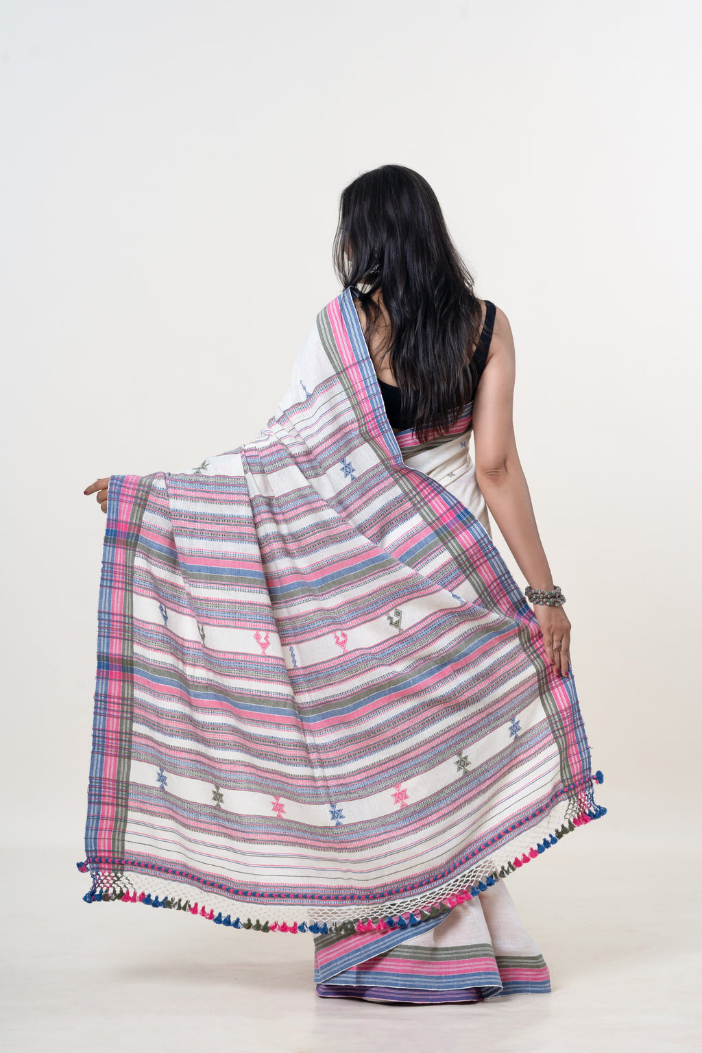 Cream-White Bhujodi Handwoven Kala Cotton Saree with Multi-colored Motifs