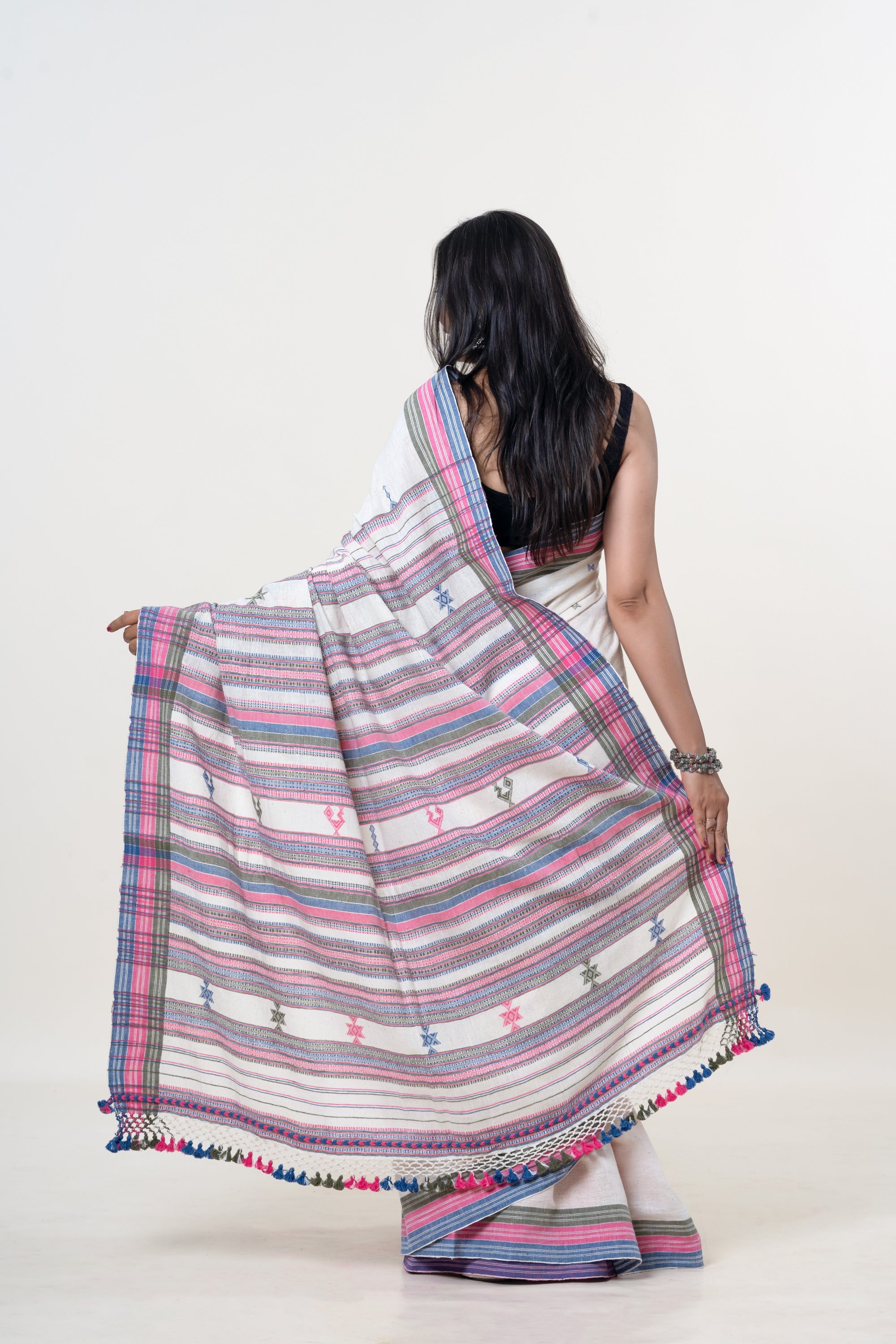 Cream-White Bhujodi Handwoven Kala Cotton Saree with Multi-colored Motifs