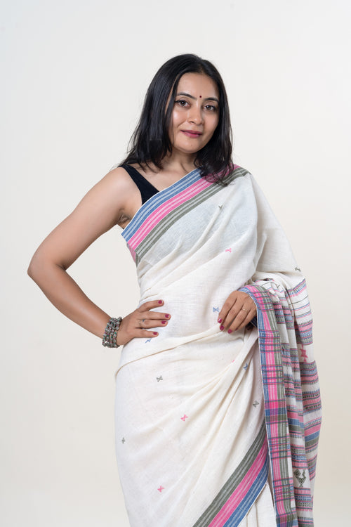 Cream-White Bhujodi Handwoven Kala Cotton Saree with Multi-colored Motifs