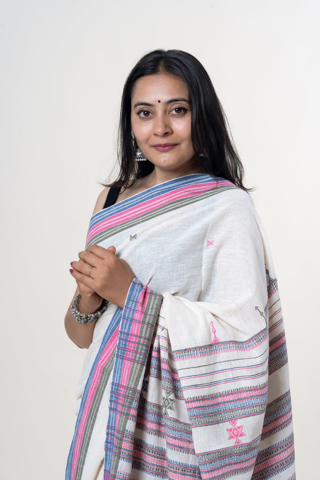 Cream-White Bhujodi Handwoven Kala Cotton Saree with Multi-colored Motifs