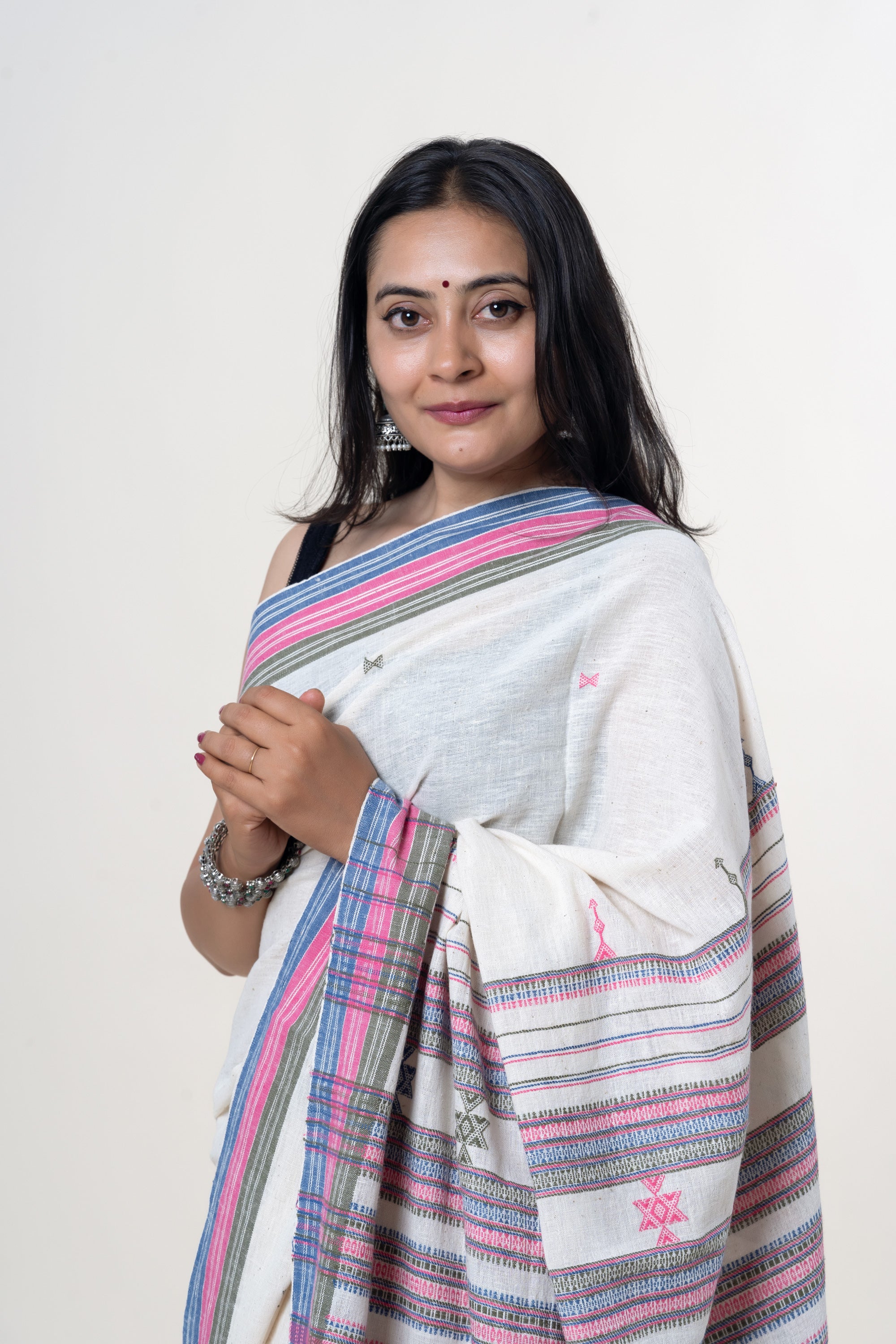 Cream-White Bhujodi Handwoven Kala Cotton Saree with Multi-colored Motifs