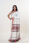 Cream-White Bhujodi Handwoven Kala Cotton Saree with Multi-colored Motifs