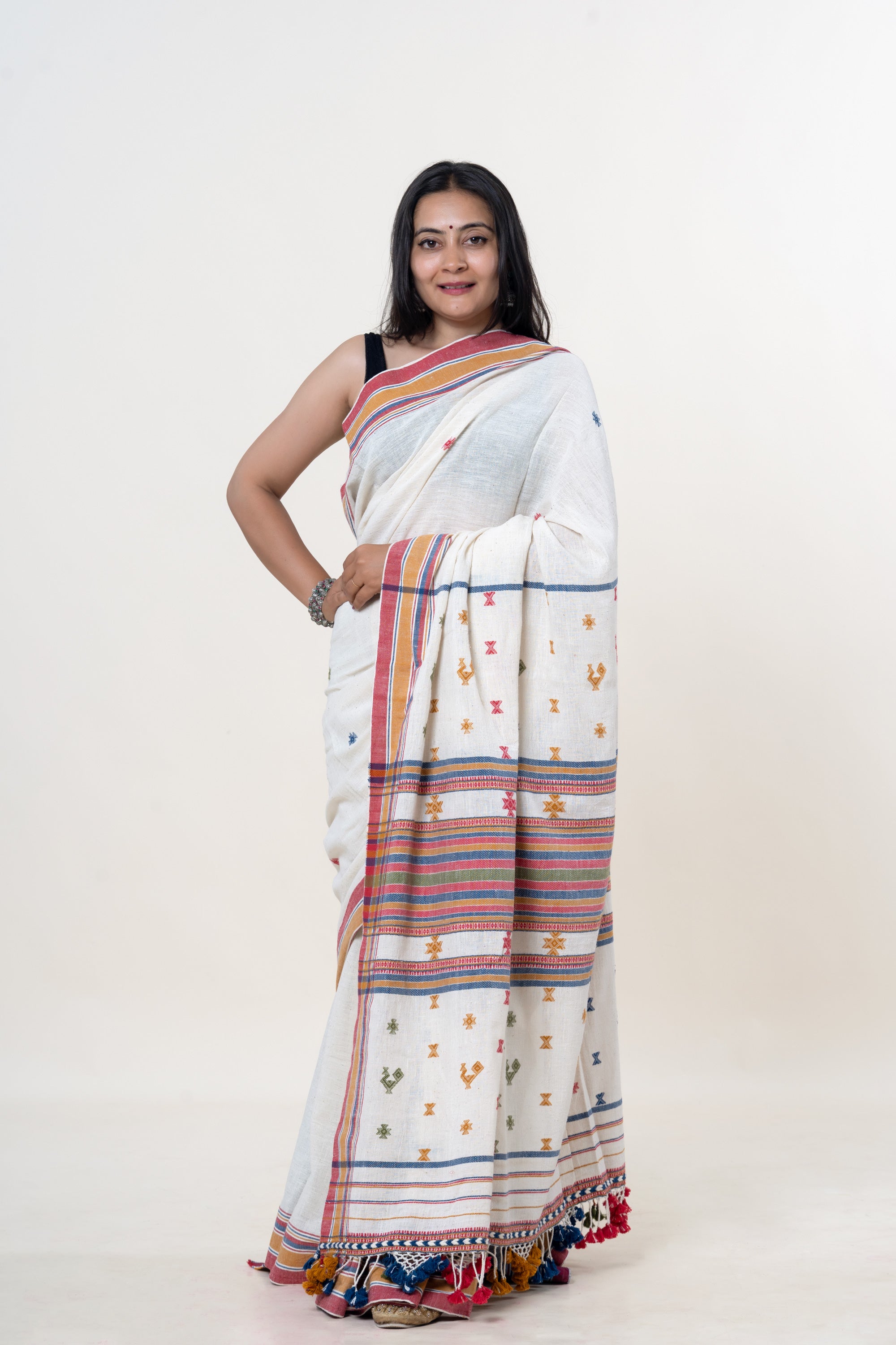 Cream-White Bhujodi Handwoven Kala Cotton Saree with Multi-colored Motifs