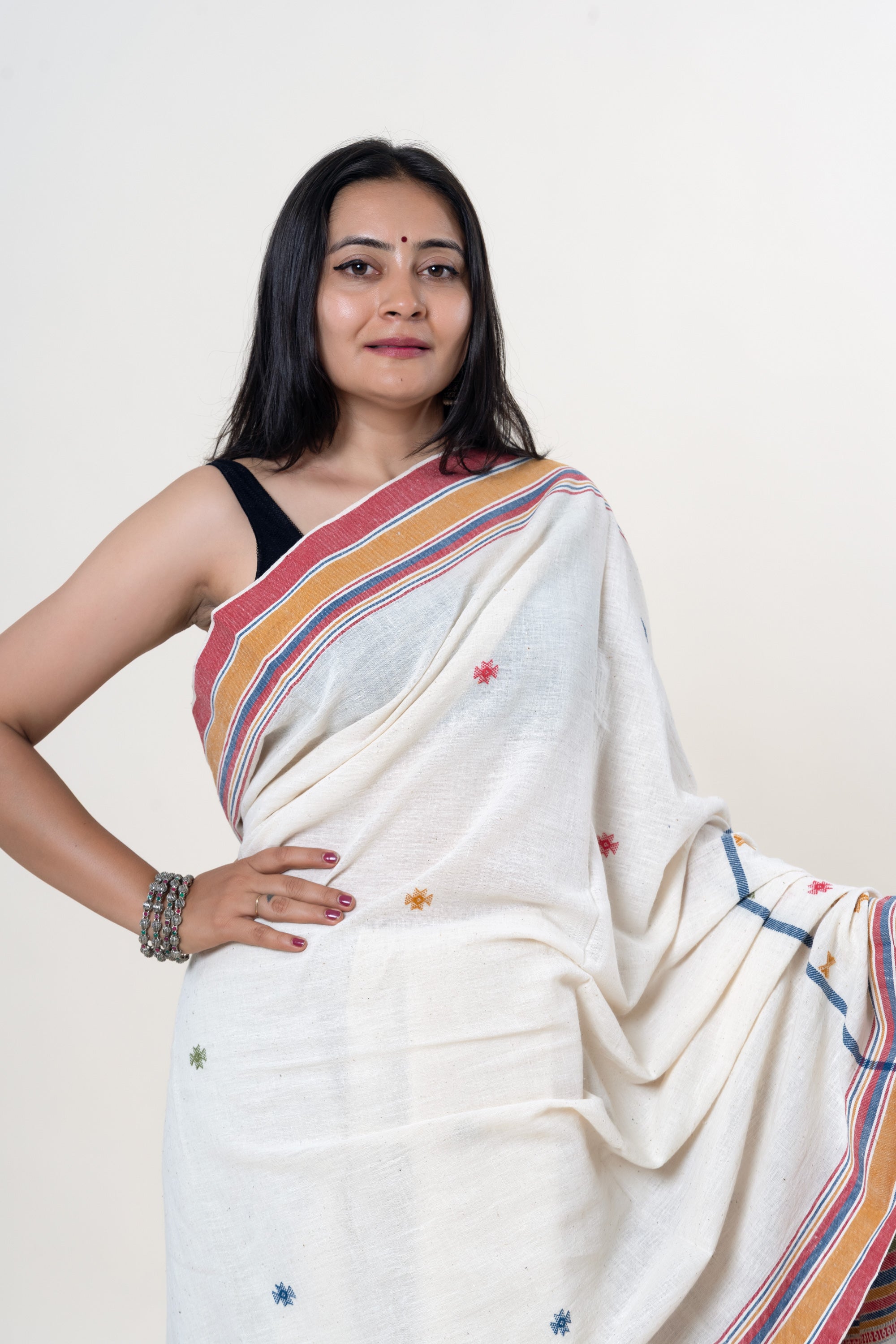 Cream-White Bhujodi Handwoven Kala Cotton Saree with Multi-colored Motifs