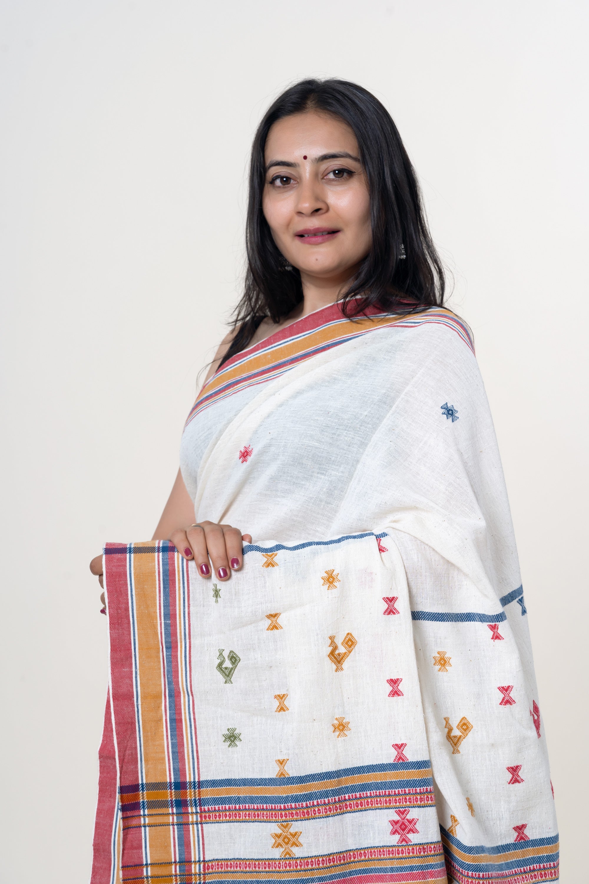 Cream-White Bhujodi Handwoven Kala Cotton Saree with Multi-colored Motifs