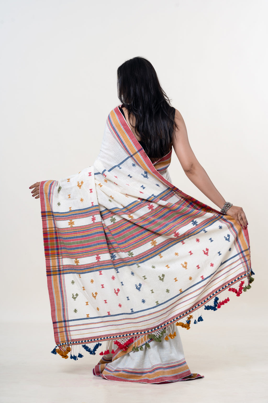 Cream-White Bhujodi Handwoven Kala Cotton Saree with Multi-colored Motifs