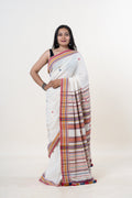 Cream-White Bhujodi Handwoven Kala Cotton Saree with Multi-colored Motifs