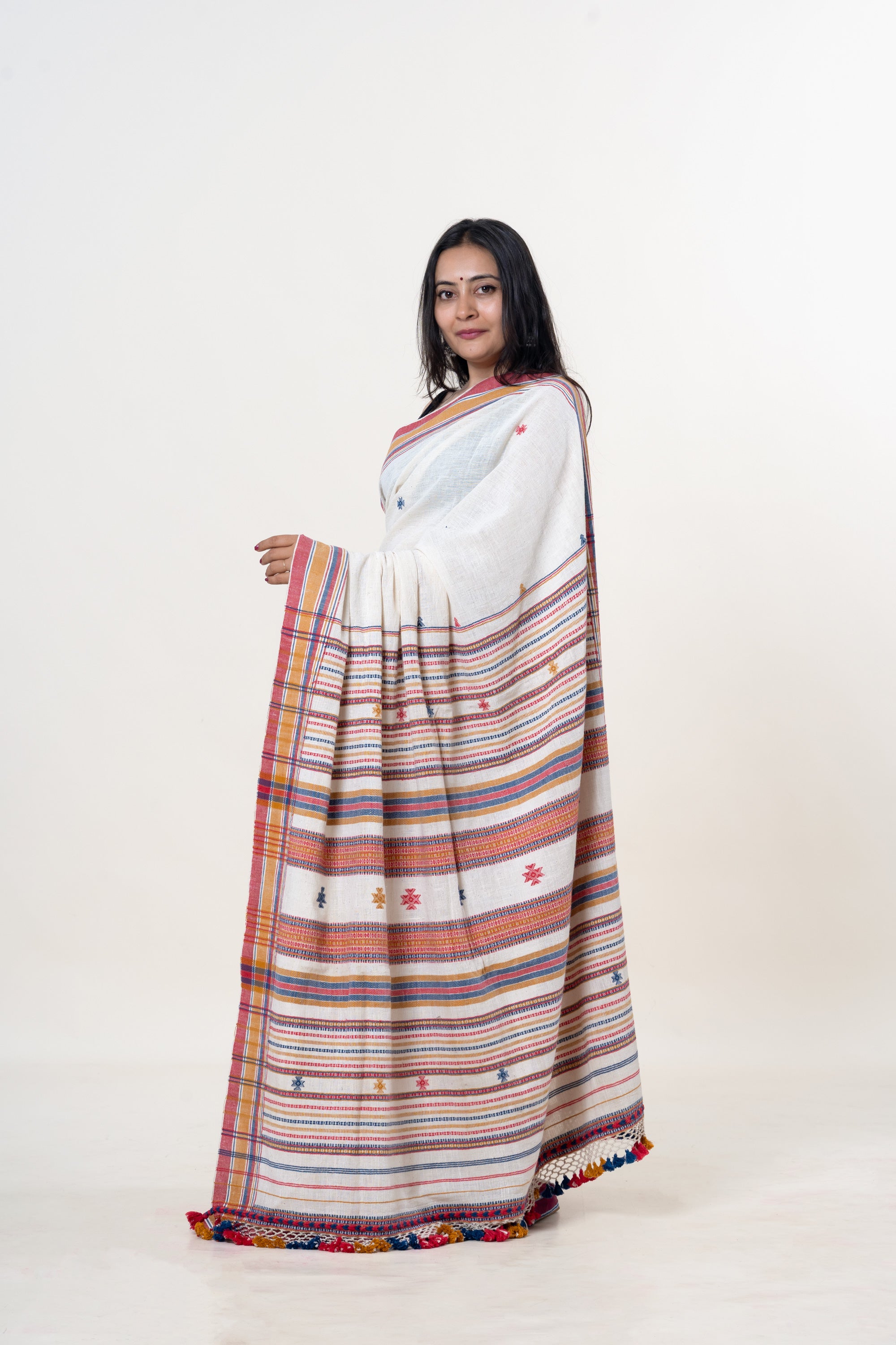 Cream-White Bhujodi Handwoven Kala Cotton Saree with Multi-colored Motifs