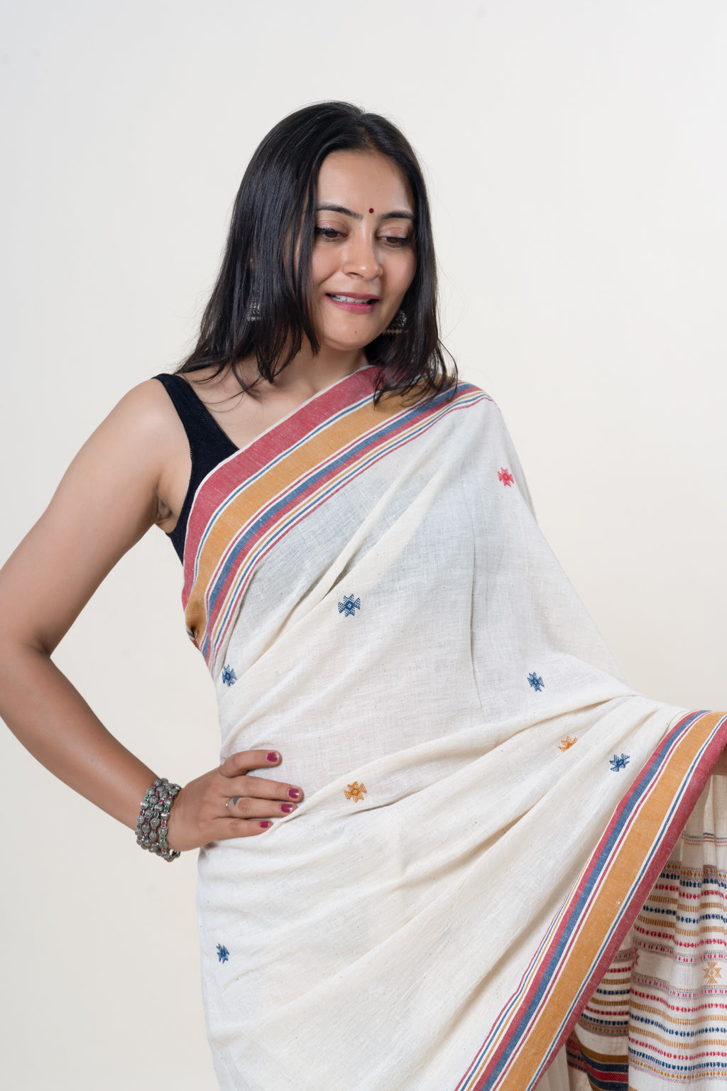 Cream-White Bhujodi Handwoven Kala Cotton Saree with Multi-colored Motifs